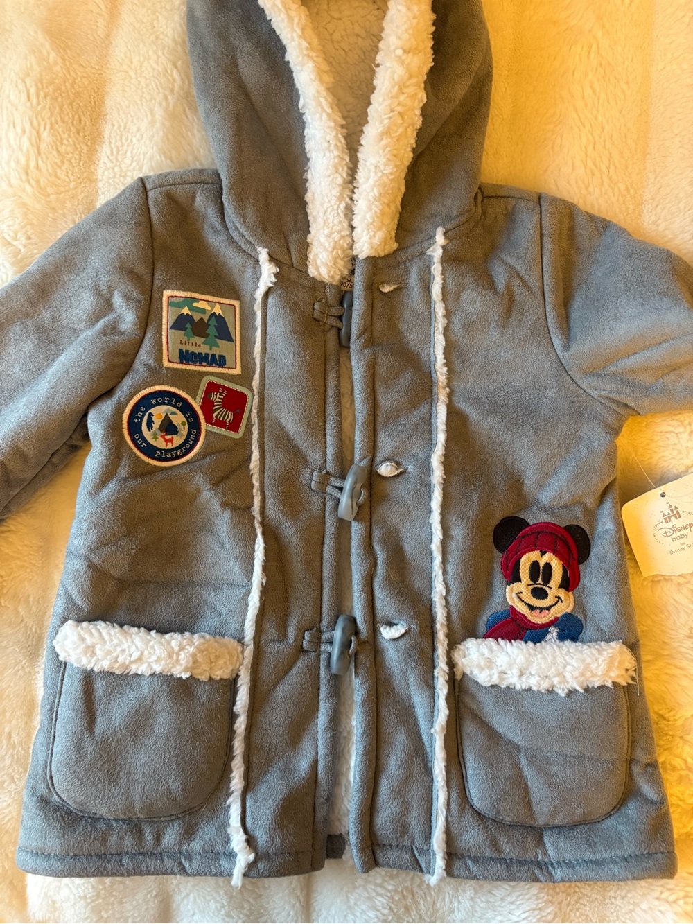 Disney Kids Gray Hooded Pea Coat with White Sherpa Trim and Mickey Patch